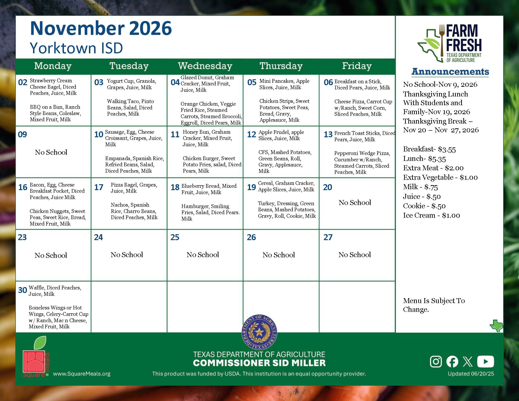 November Menu 2026